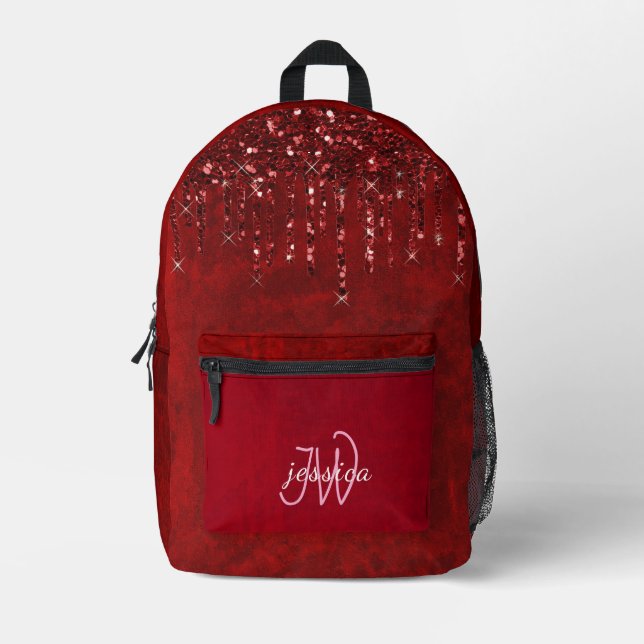 Chic Monogram Girly Hot Red Glitter Drips  Printed Backpack (Front)