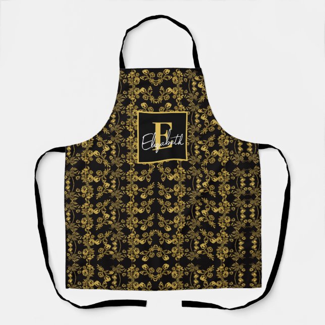 chic Monogram Gold Floral print pattern on black Apron (Front)
