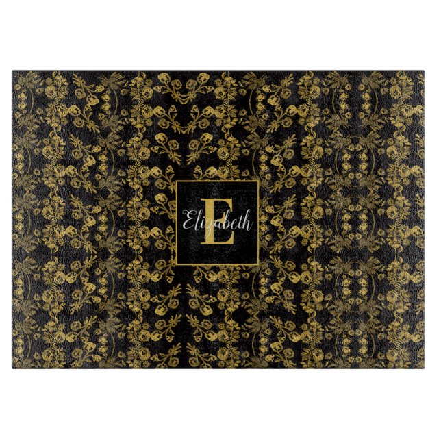 chic Monogram Gold Floral print pattern on black Cutting Board (Front)