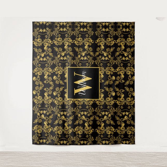 chic Monogram Gold Floral print pattern on black Tapestry (Front)