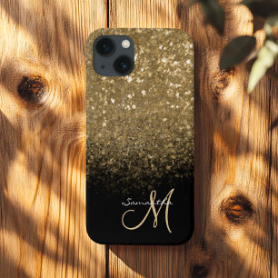 Chic Monogram Gold Glitter & Black  iPhone 13 Case