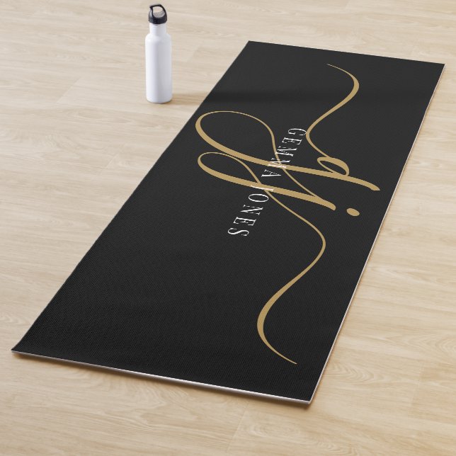Chic Monogram Gold Script Initials Black  Yoga Mat (In Situ)