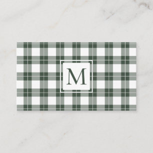 Chic Monogram Green and White Plaid Pattern Business Card