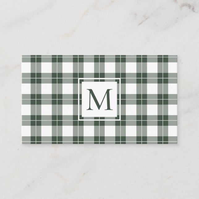Chic Monogram Green and White Plaid Pattern Business Card (Front)