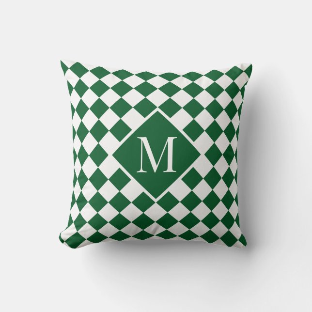 Chic Monogram Green White Chequered Pattern Cushion (Front)
