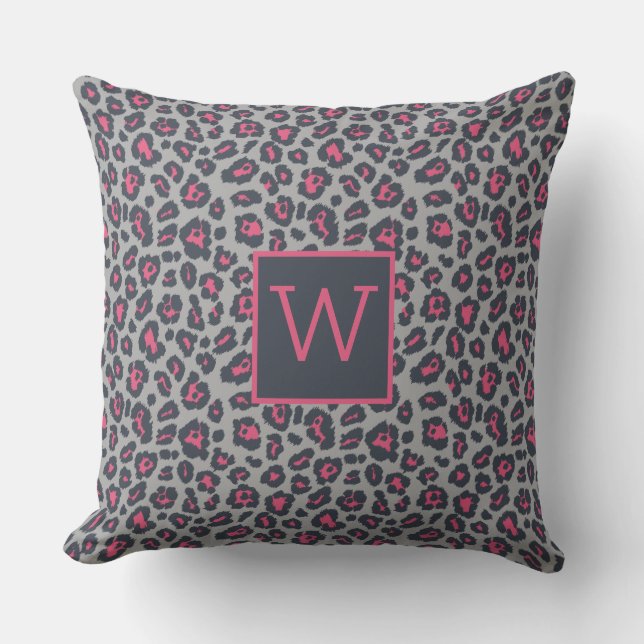 Chic Monogram Hot Pink Grey Leopard Print Pattern Cushion (Front)