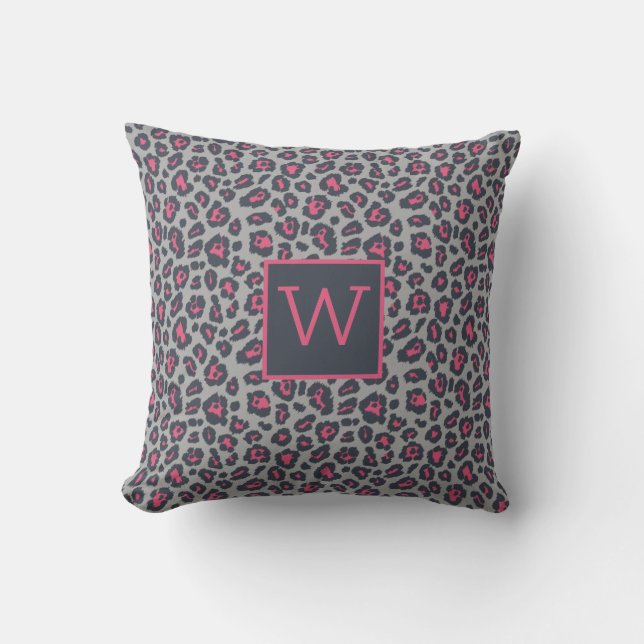 Chic Monogram Hot Pink Grey Leopard Print Pattern Cushion (Front)