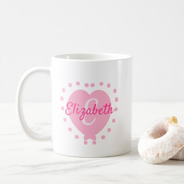 Chic Monogram Initial and Name Pink Heart  Coffee Mug (With Donut)