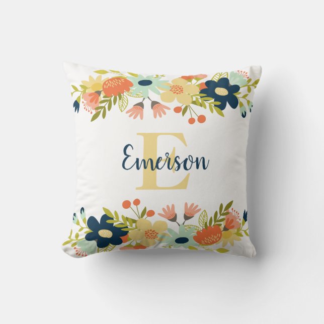 Chic Monogram Initial Boho Floral Pillow (Front)