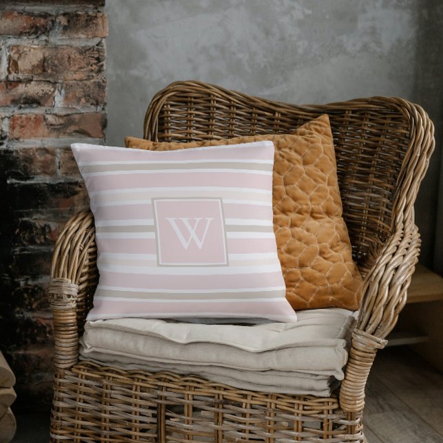 Chic monogram initial pastel pink Striped Cushion (Creator Uploaded)
