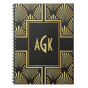 Chic Monogram Initials Black and Gold Art Deco Notebook