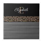 Chic Monogram Leopard Print Ceramic Tile<br><div class="desc">Chic and pretty monogram leopard print and black and white striped decorative tile.  Personalise them with your monogram name and initial. Designed for you by Blackberry Boulevard.</div>