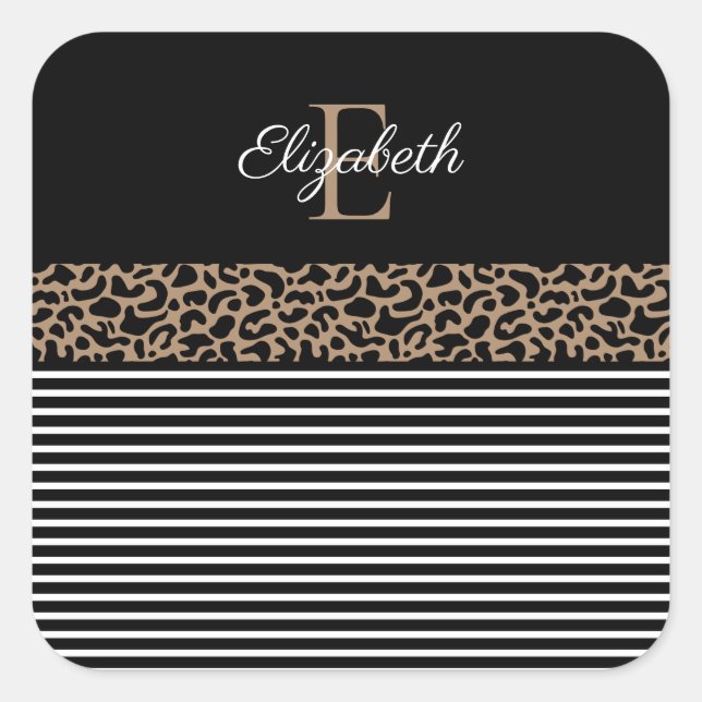 Chic Monogram Leopard Print Square Sticker (Front)