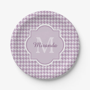 Chic Monogram Light Purple Houndstooth With Name Paper Plate