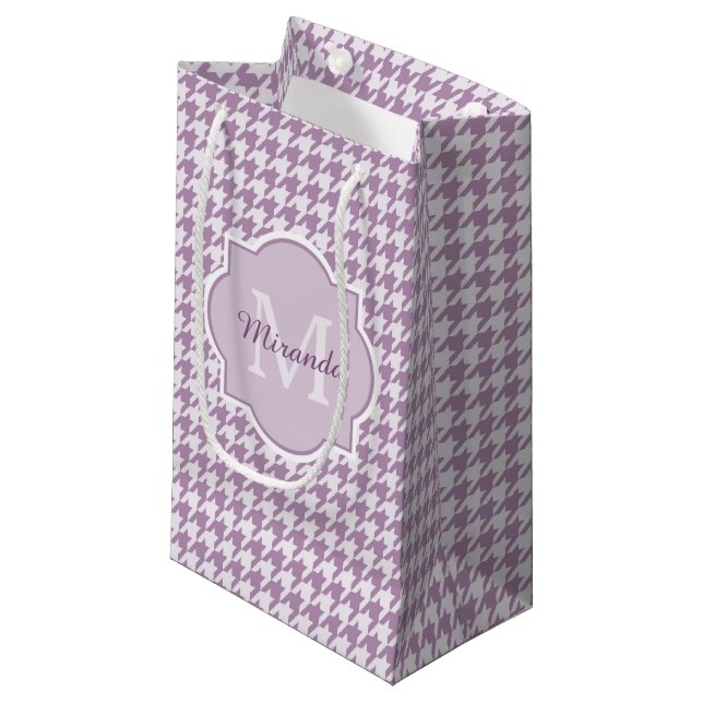 Chic Monogram Light Purple Houndstooth With Name Small Gift Bag (Front Angled)