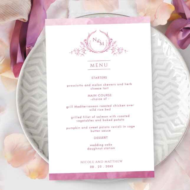 Chic Monogram Mauve Pink Watercolor Wedding Menu (Creator Uploaded)