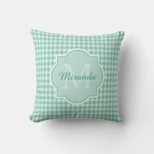 Chic Monogram Mint Green Houndstooth With Name Cushion