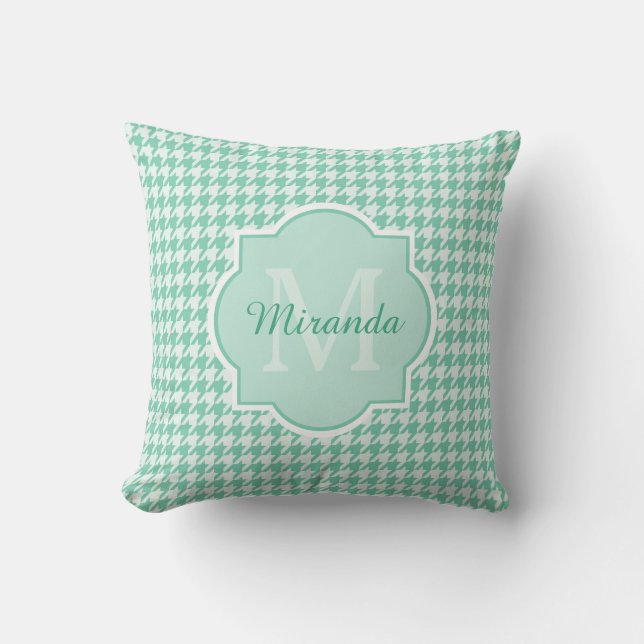 Chic Monogram Mint Green Houndstooth With Name Cushion (Front)