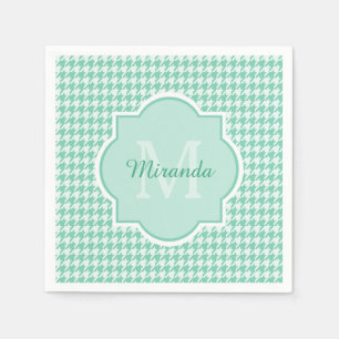 Chic Monogram Mint Green Houndstooth With Name Napkin