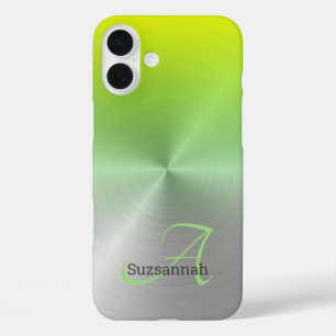 Chic Monogram Name Lime Green Ombre Faux Metal iPhone 16 Plus Case
