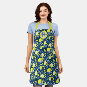 Chic Monogram Name Rustic Citrus Lemons Blue Leaf Apron
