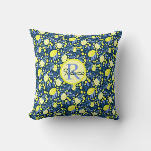 Chic Monogram Name Rustic Citrus Lemons Blue Leaf Cushion