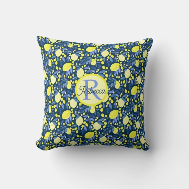 Chic Monogram Name Rustic Citrus Lemons Blue Leaf Cushion (Front)