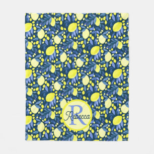Chic Monogram Name Rustic Citrus Lemons Blue Leaf Fleece Blanket