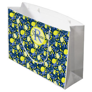 Chic Monogram Name Rustic Citrus Lemons Blue Leaf Large Gift Bag