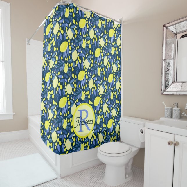 Chic Monogram Name Rustic Citrus Lemons Blue Leaf Shower Curtain (In Situ)