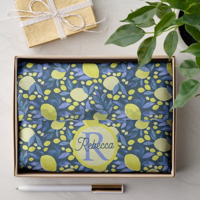 Chic Monogram Name Rustic Citrus Lemons Blue Leaf Tissue Paper (Gift)