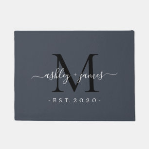 Chic Monogram Names Year Established Dark Blue Doormat