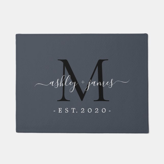 Chic Monogram Names Year Established Dark Blue Doormat (Front)