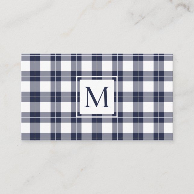 Chic Monogram Navy Blue and White Plaid Pattern Business Card (Front)