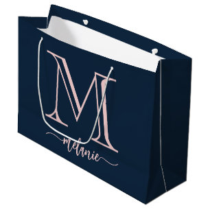 Chic Monogram Navy Blue Pink Large Gift Bag