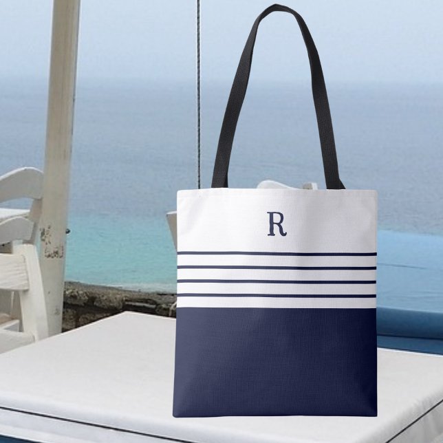 Chic Monogram Navy Blue Striped  Tote Bag (Creator Uploaded)