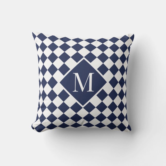 Chic Monogram Navy Blue White Chequered Pattern Cushion (Front)