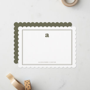 Chic Monogram Olive Green Two Border Scalloped Card
