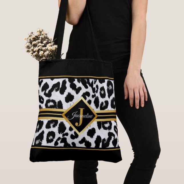 Chic Monogram on Animal Print Black and Faux Gold Tote Bag (Close Up)