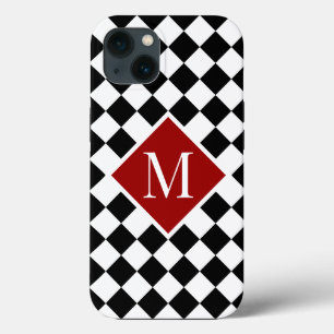Chic Monogram on Red on Chequered Black White iPhone 13 Case