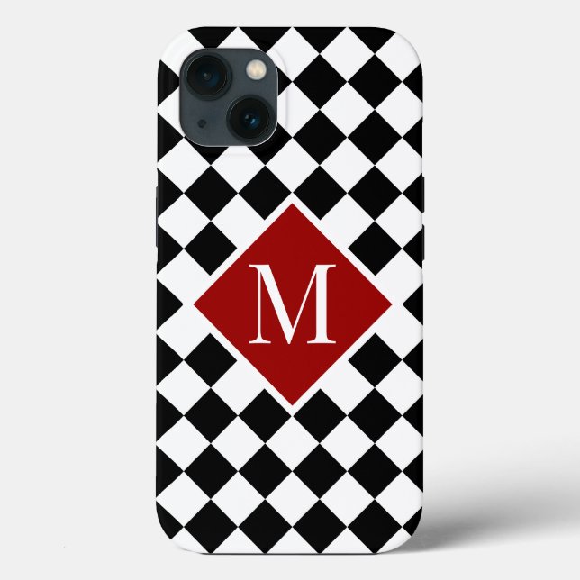 Chic Monogram on Red on Chequered Black White Case-Mate iPhone Case (Back)