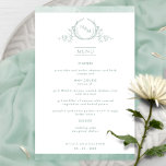 Chic Monogram Pale Green Watercolor Wedding Menu<br><div class="desc">Welcome your guests to their table with this elegant monogrammed wedding menu, with exquisite hand drawn leafy monogram with couples initials, and pale green watercolor border stripes. Back with beautiful watercolor wash in a variety of pale green, sage and mint light green hues. Part of our "Pale Green Watercolor Botanical...</div>