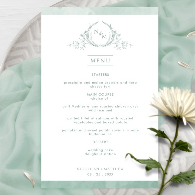 Chic Monogram Pale Green Watercolor Wedding Menu (Creator Uploaded)