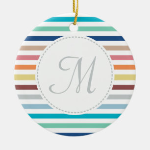 Chic Monogram Pastel Rainbow Horizontal Stripes Ceramic Ornament