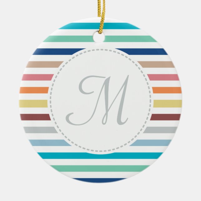 Chic Monogram Pastel Rainbow Horizontal Stripes Ceramic Ornament (Front)