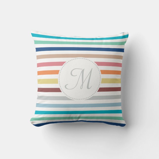 Chic Monogram Pastel Rainbow Horizontal Stripes Cushion (Front)