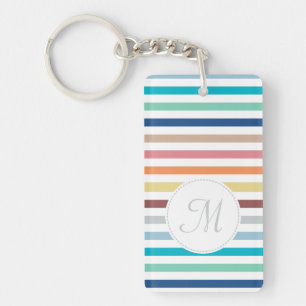 Chic Monogram Pastel Rainbow Horizontal Stripes Key Ring