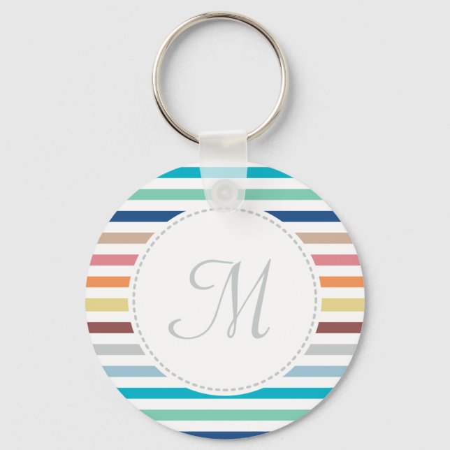 Chic Monogram Pastel Rainbow Horizontal Stripes Key Ring (Front)