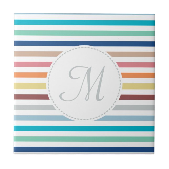 Chic Monogram Pastel Rainbow Horizontal Stripes Tile (Front)