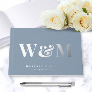 Chic Monogram Photo Dusty Blue Wedding Guest Book